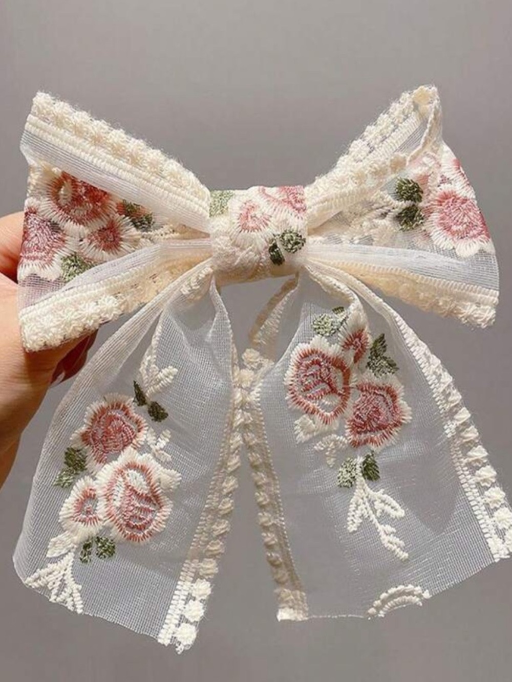 Multicolor Embroidered Rose Ribbon Bow - Picture 2 of 3